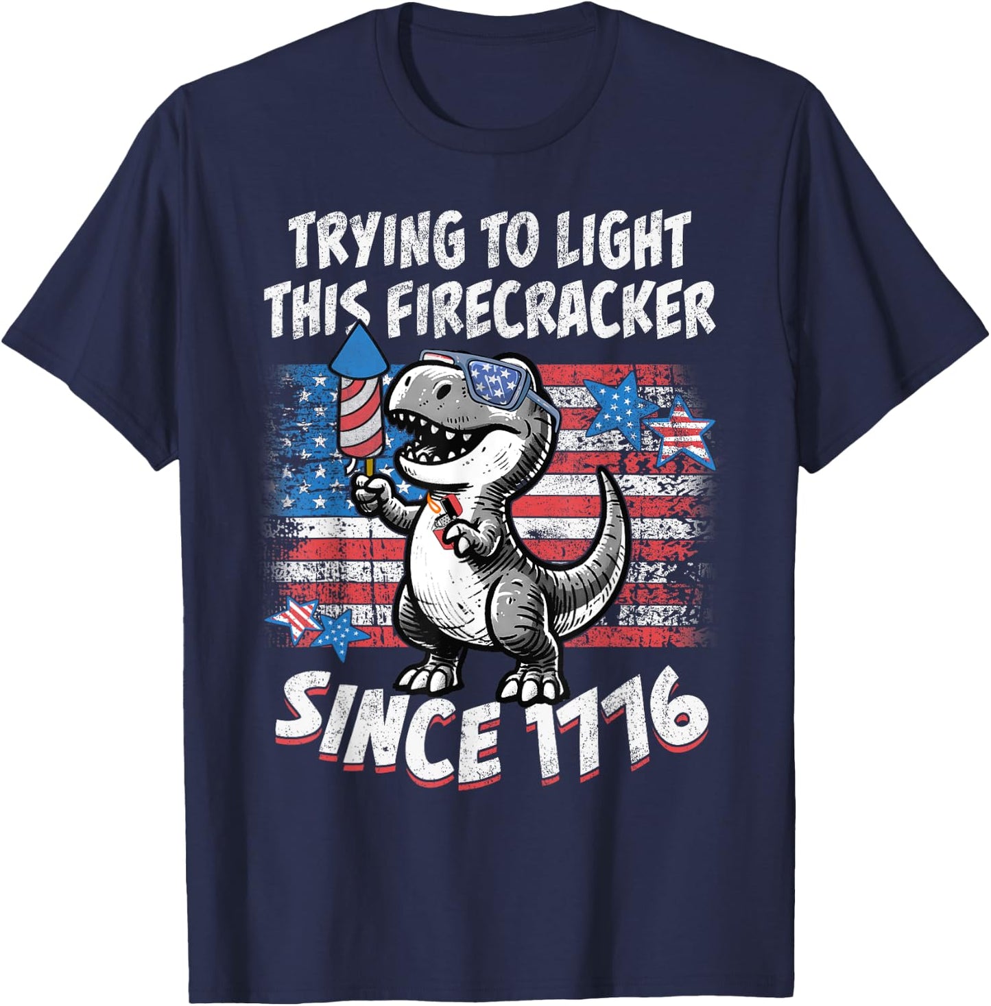 Funny Dino American Flag Firework T Rex Dinosaur 4th of July T-Shirt - T-Shirt | Navy