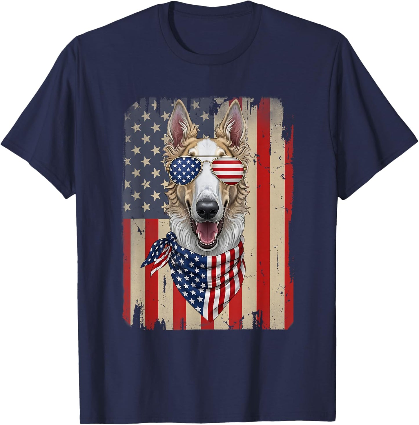 4th of July Borzoi Dog American Flag USA Patriotic T-Shirt - T-Shirt | Navy