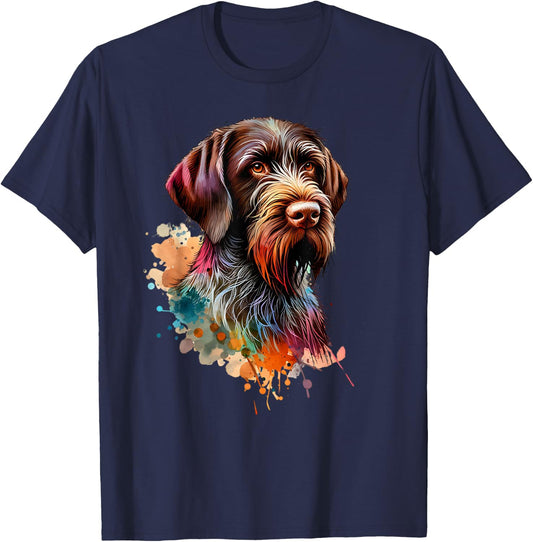 German Wirehaired Pointer Dog Watercolor Artwork T-Shirt - T-Shirt | Navy
