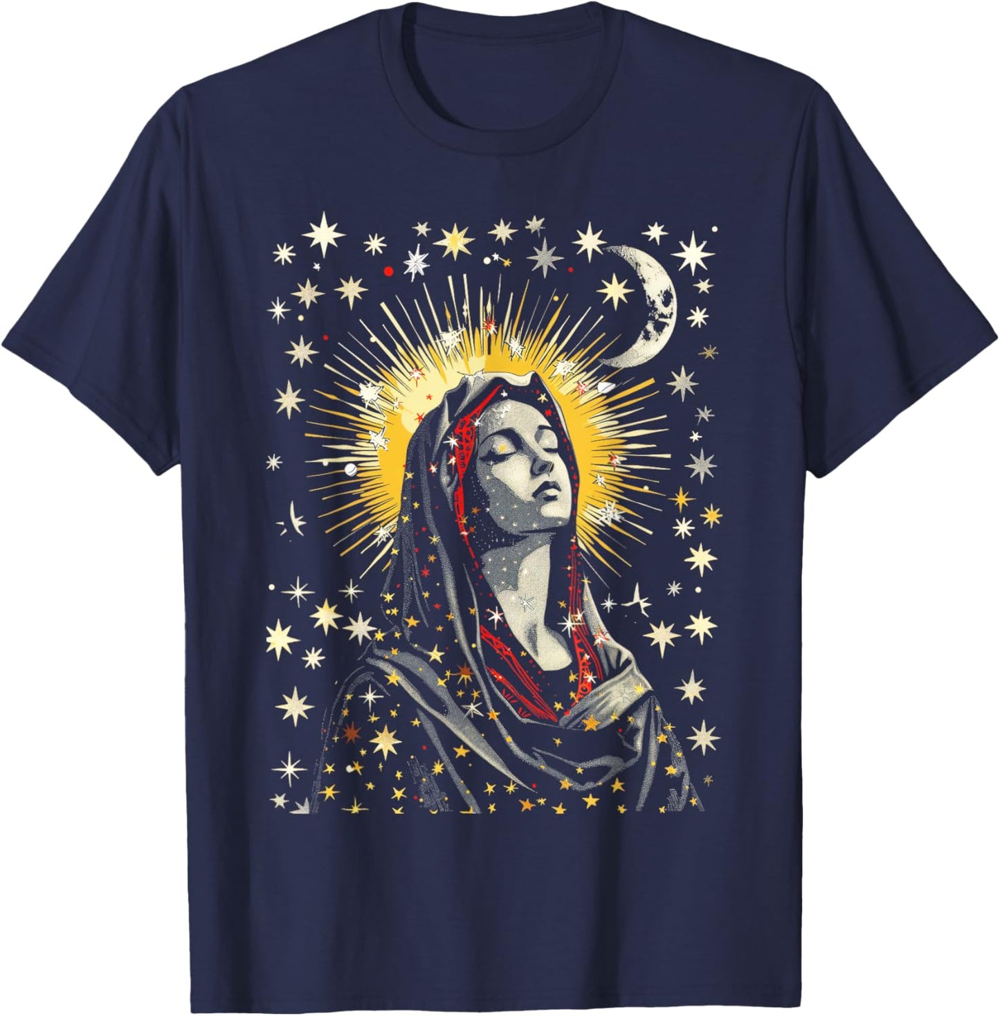 Virgin Mary Stars Moon Religious Saint Catholic T-Shirt - T-Shirt | Navy