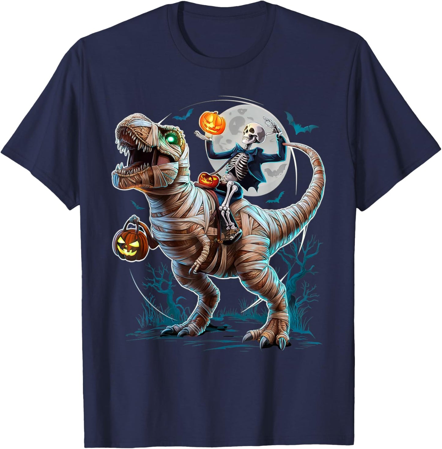 Skeleton Riding Mummy Pumpkin T Rex Dinosaur Funny Halloween T-Shirt - T-Shirt | Navy