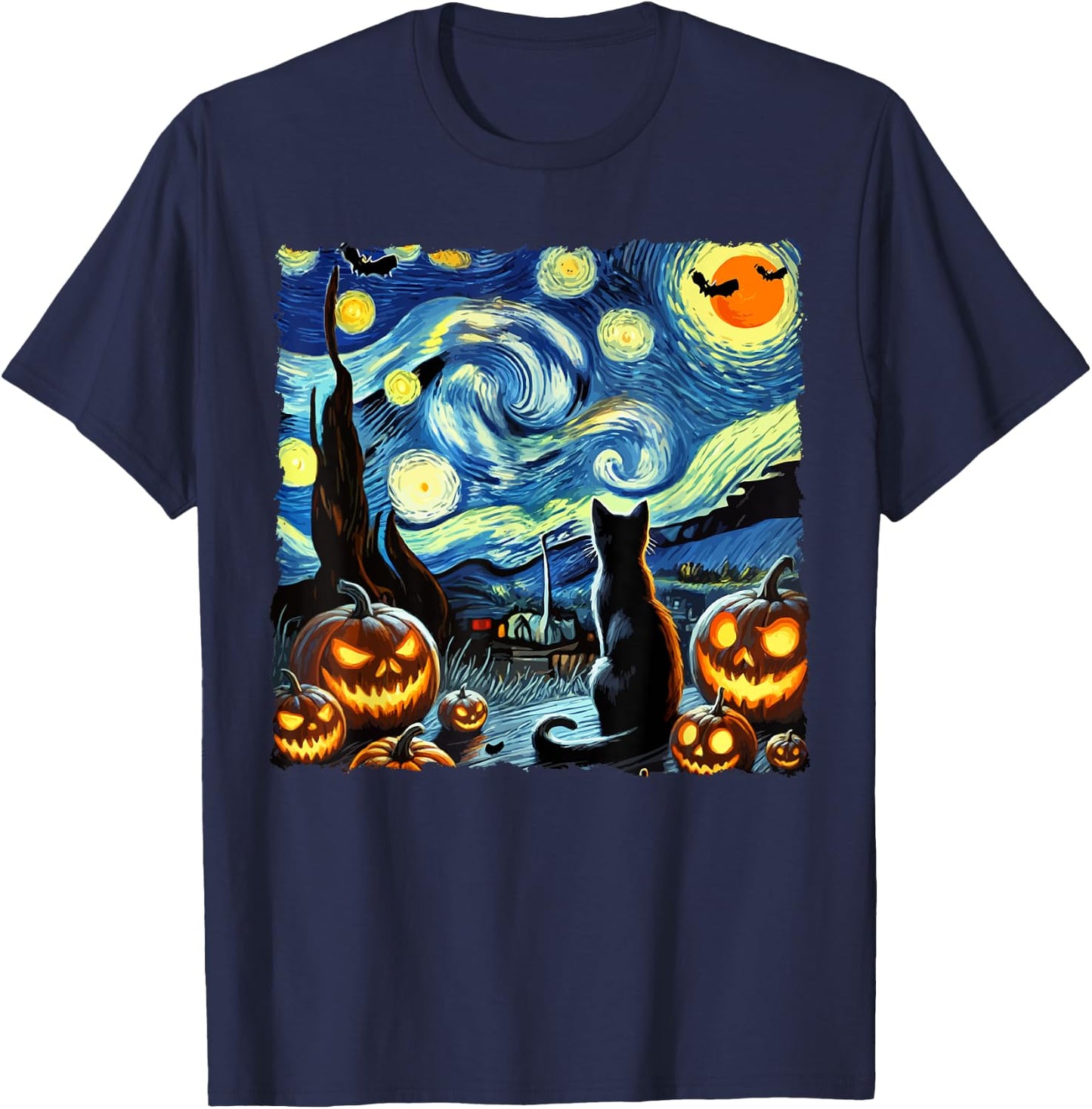 Halloween Van Gogh Starry Night Black Cat Men Women Kids T-Shirt - T-Shirt | Navy