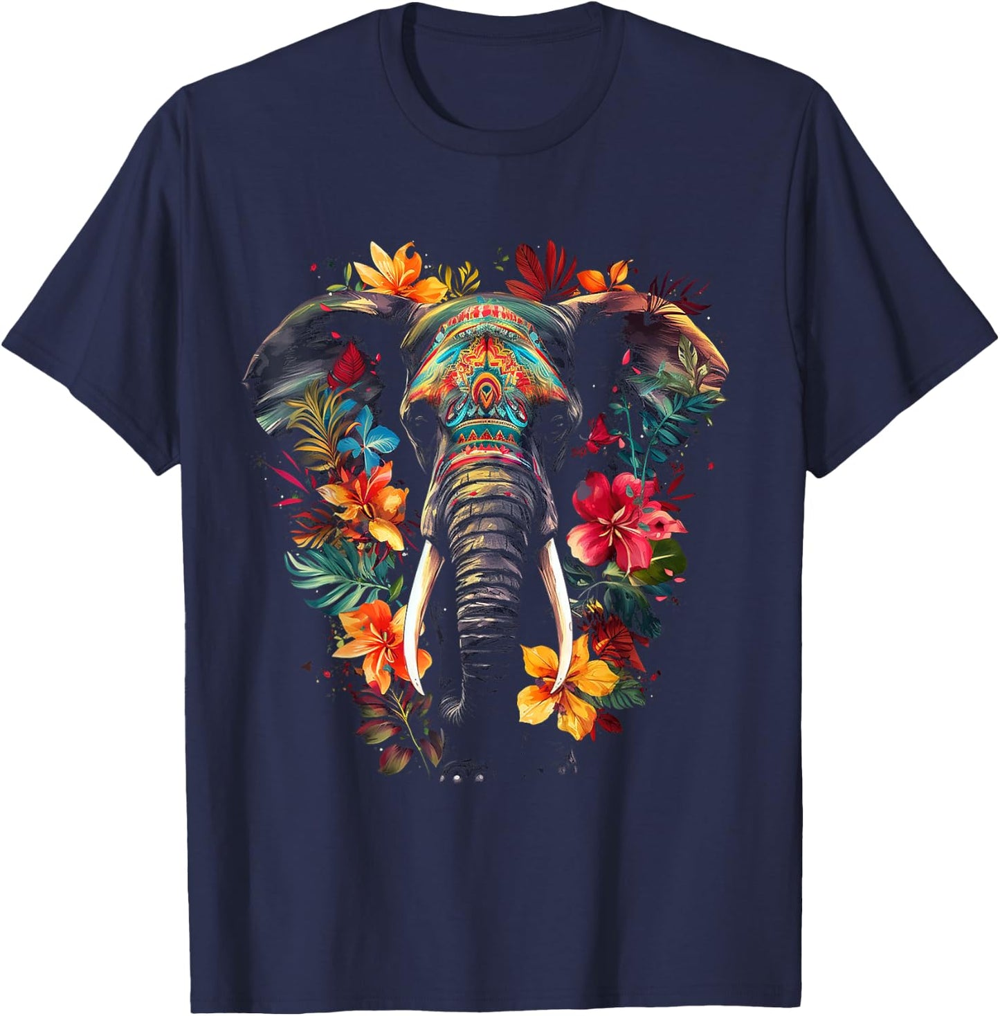 Elephant Flower Animal Graphic Artwork Elephant T-Shirt - T-Shirt | Navy