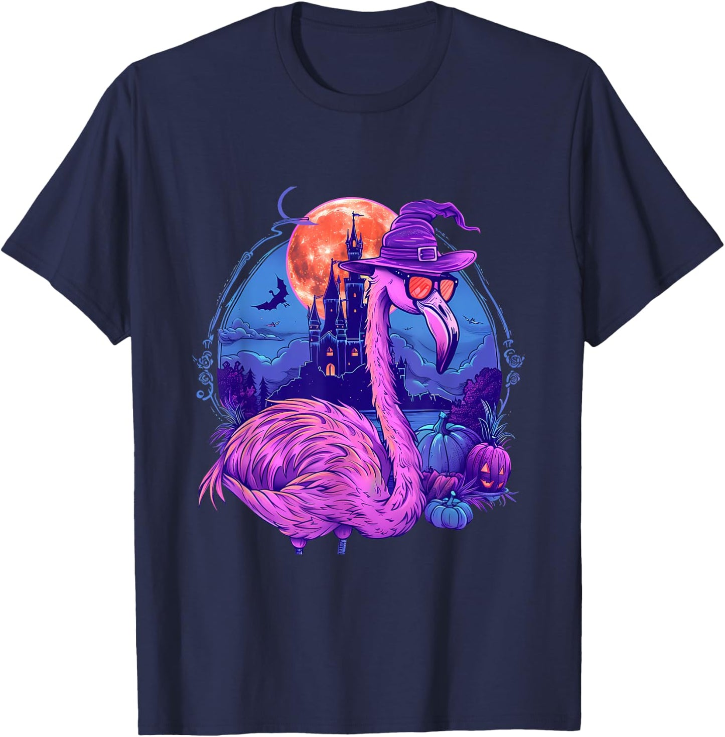 Halloween Flamingo Pumpkin Trick Or Treat Haunted Castle T-Shirt - T-Shirt | Navy