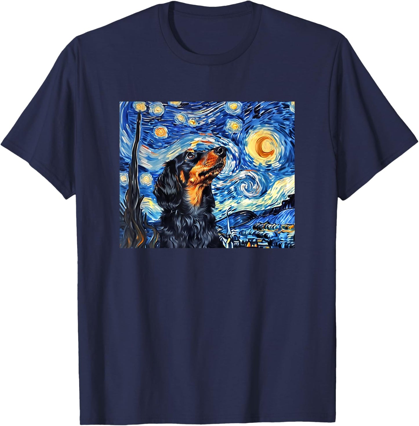 Funny Starry Night Black Long Haired Dachshund Lover T-Shirt - T-Shirt | Navy