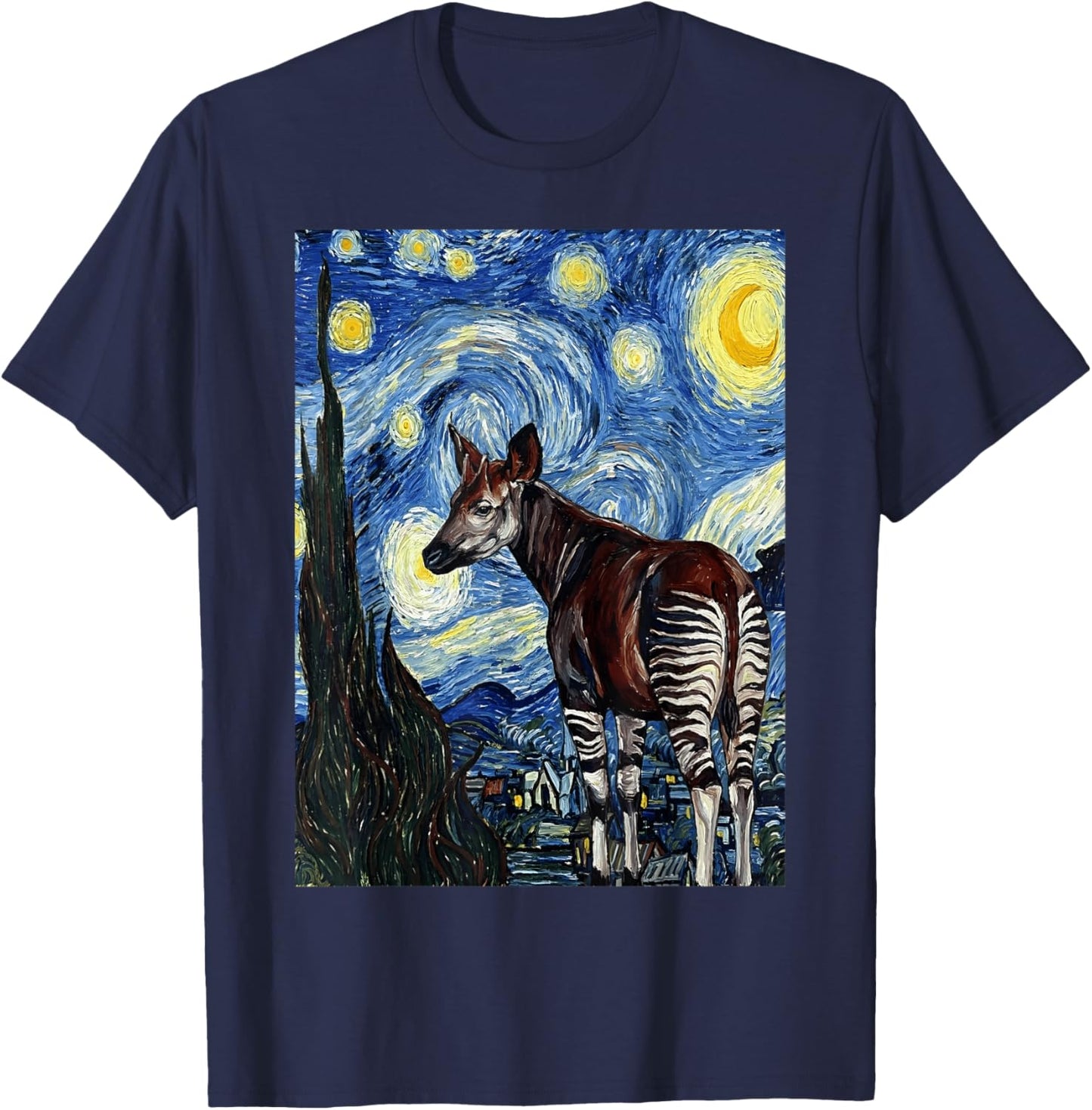 Okapi Starry Night Van Gogh Style Painting T-Shirt - T-Shirt | Navy