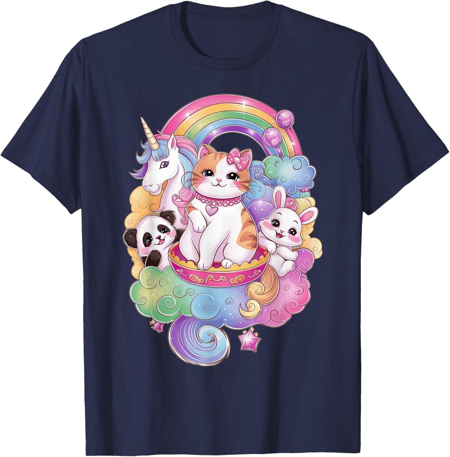 Cute Kawaii Cat Unicorn Panda Bunny Rainbow Anime Teen Kids T-Shirt - T-Shirt | Navy