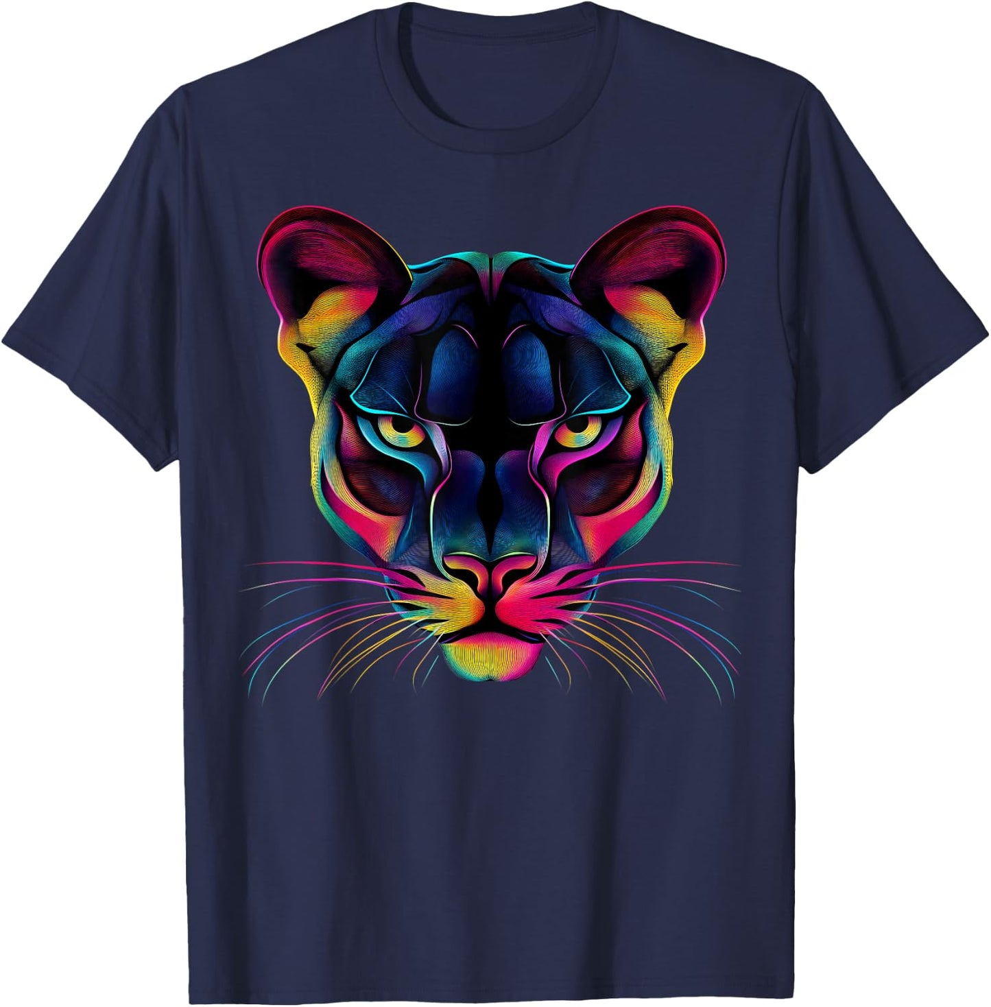 Colorful Mountain Lion Face Wild Animal Big Cats Lover Black T-Shirt - T-Shirt | Navy