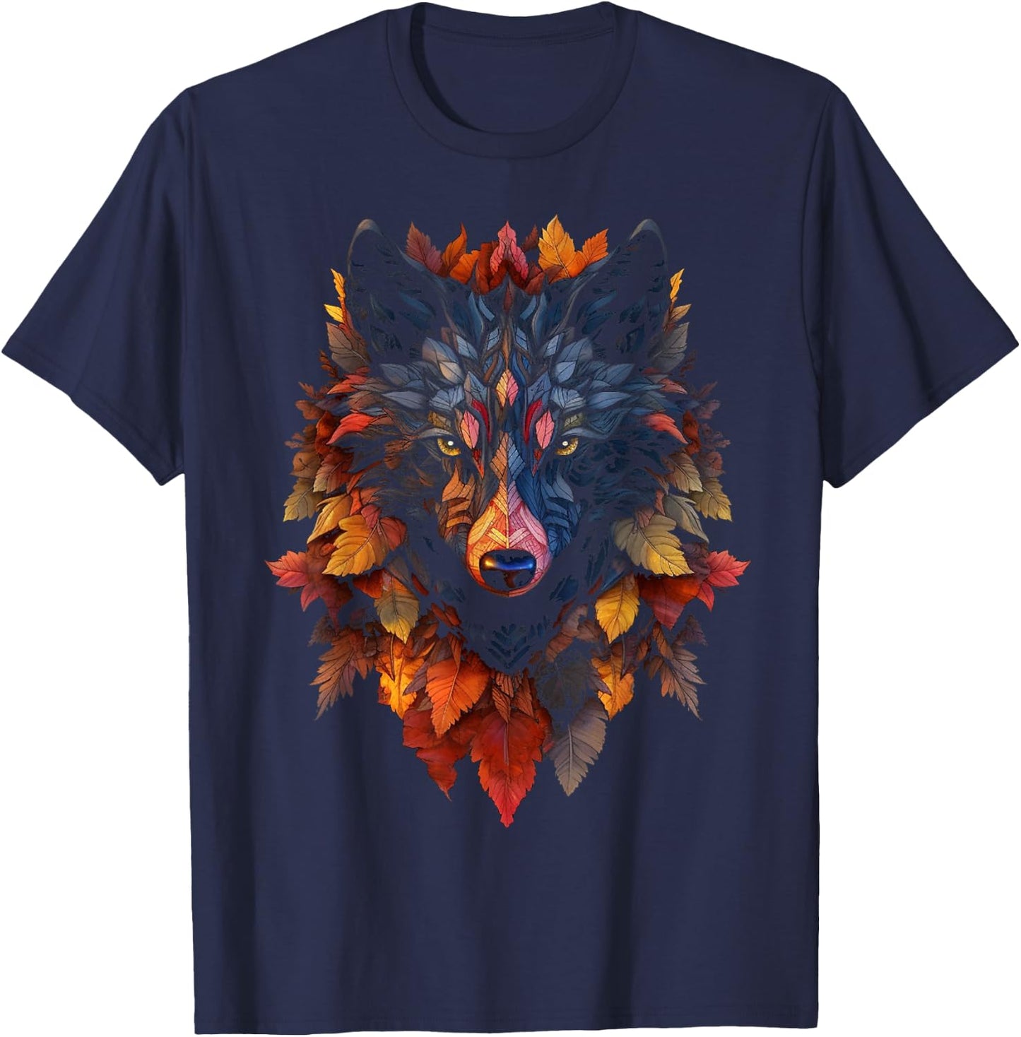 Wolf Autumn Leaves | Art Animal Motif Wolf T-Shirt - T-Shirt | Navy