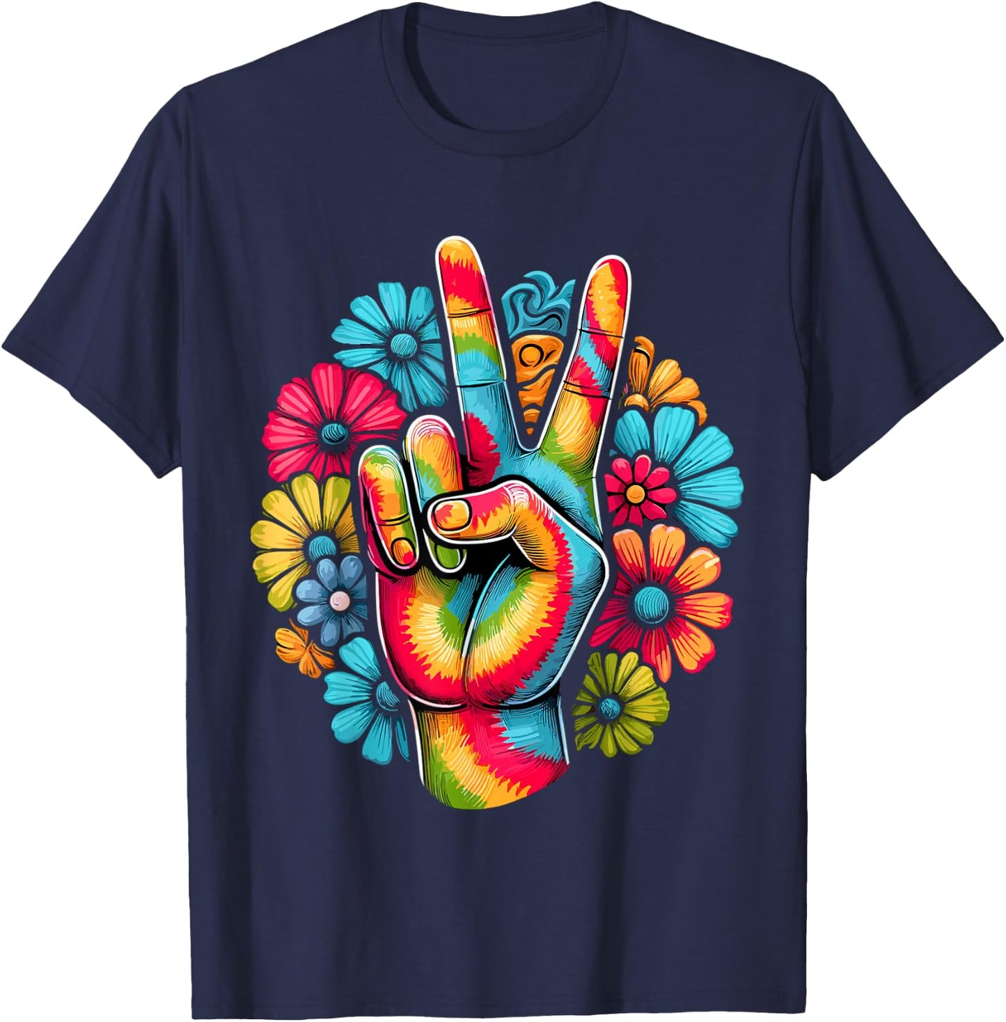 Love and Peace Tie Dye Flower Hippie T-Shirt - T-Shirt | Navy