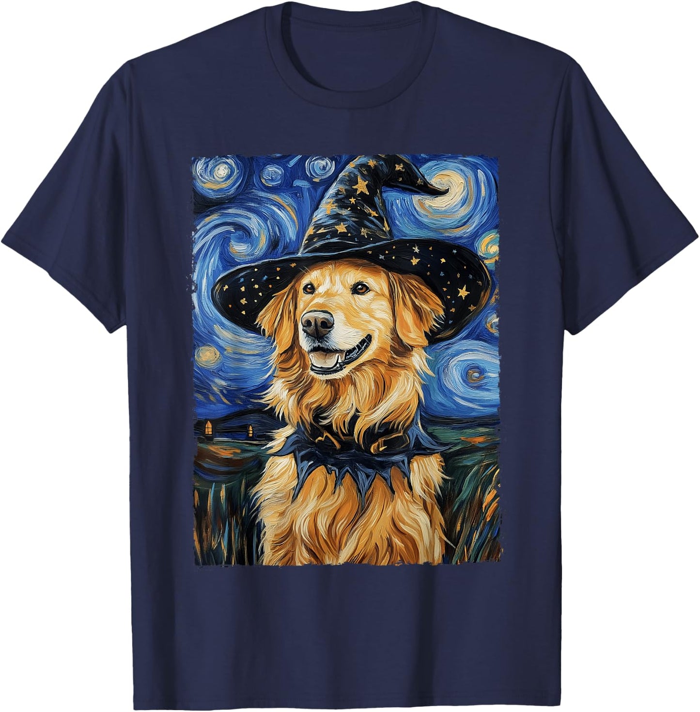 Golden Retriever Witch Costume Painting Starry Night Dog Women Kids T-Shirt - T-Shirt | Navy