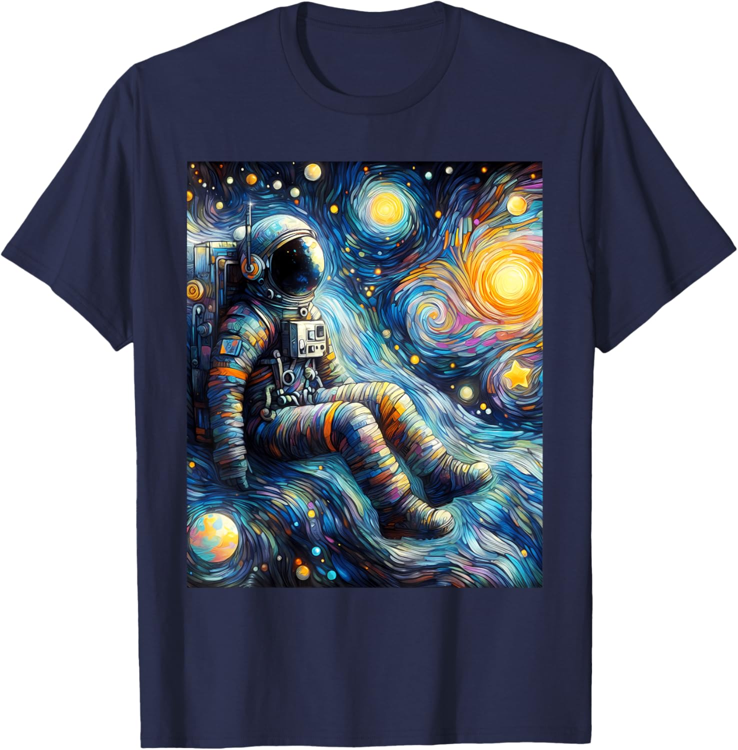 Astronaut Space Planets Starry Night Painting T-Shirt - T-Shirt | Navy