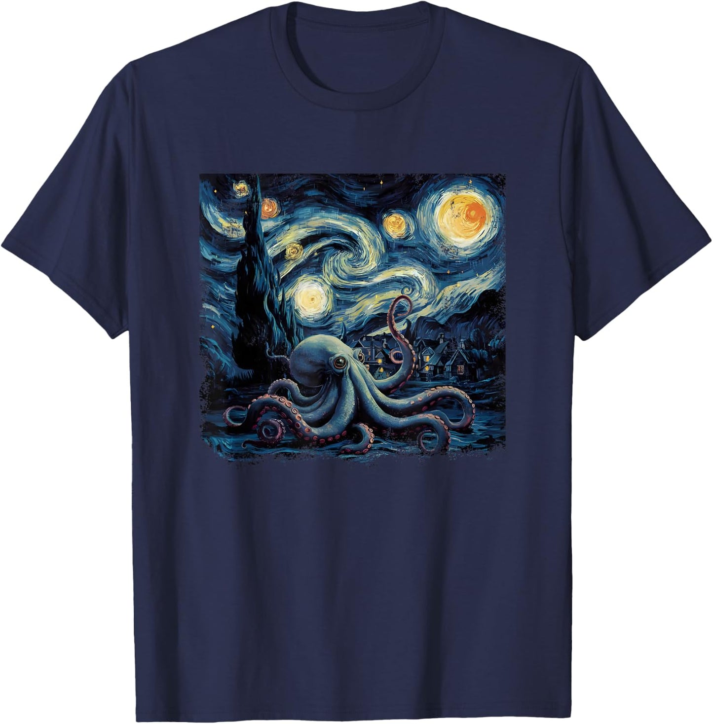 Starry Night Van Gogh Painting Octopus Lover T-Shirt - T-Shirt | Navy