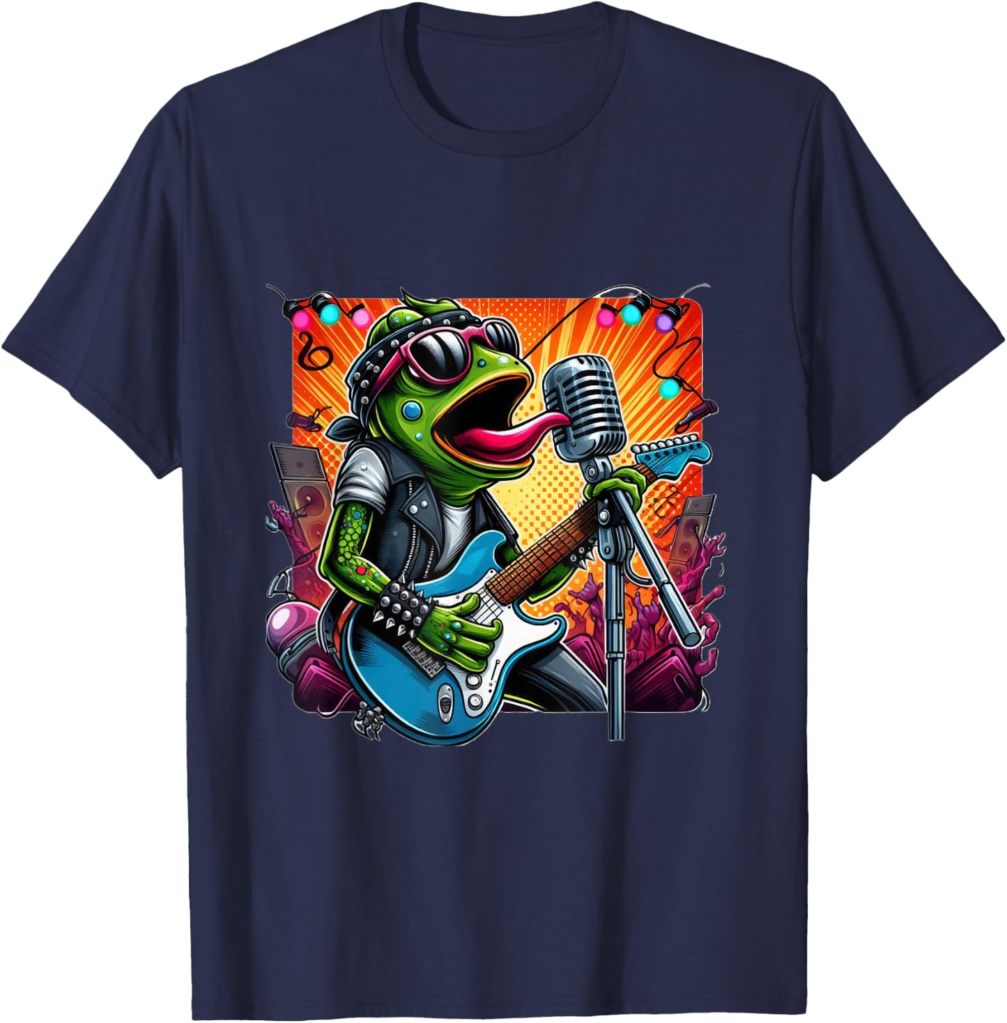 Punk Rock Star Frog Shredding Electric Guitar Vibrant Lights T-Shirt - T-Shirt | Navy