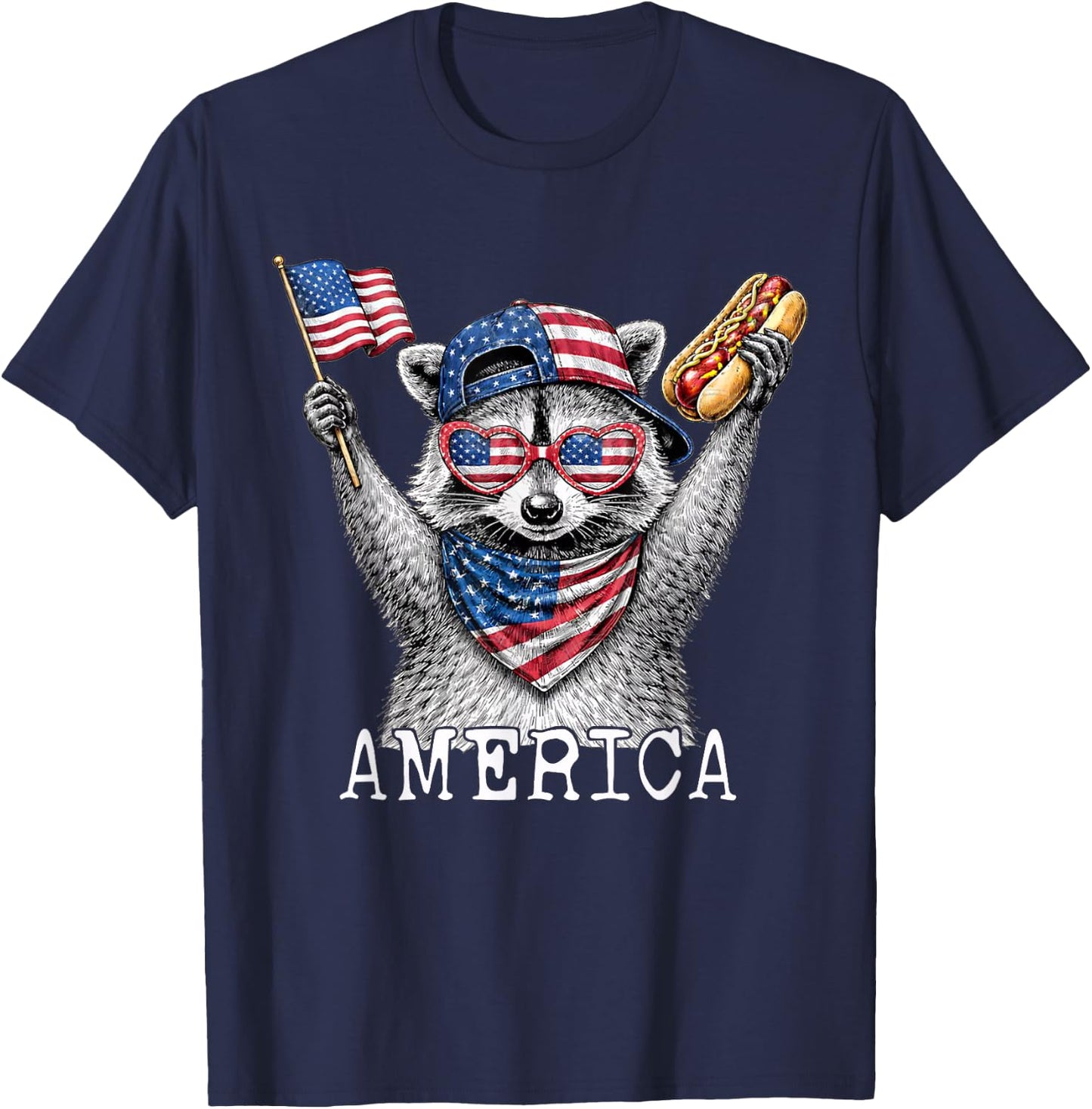 America Raccoon Holding A Hot Dog Patriotic American Flag T-Shirt - T-Shirt | Navy