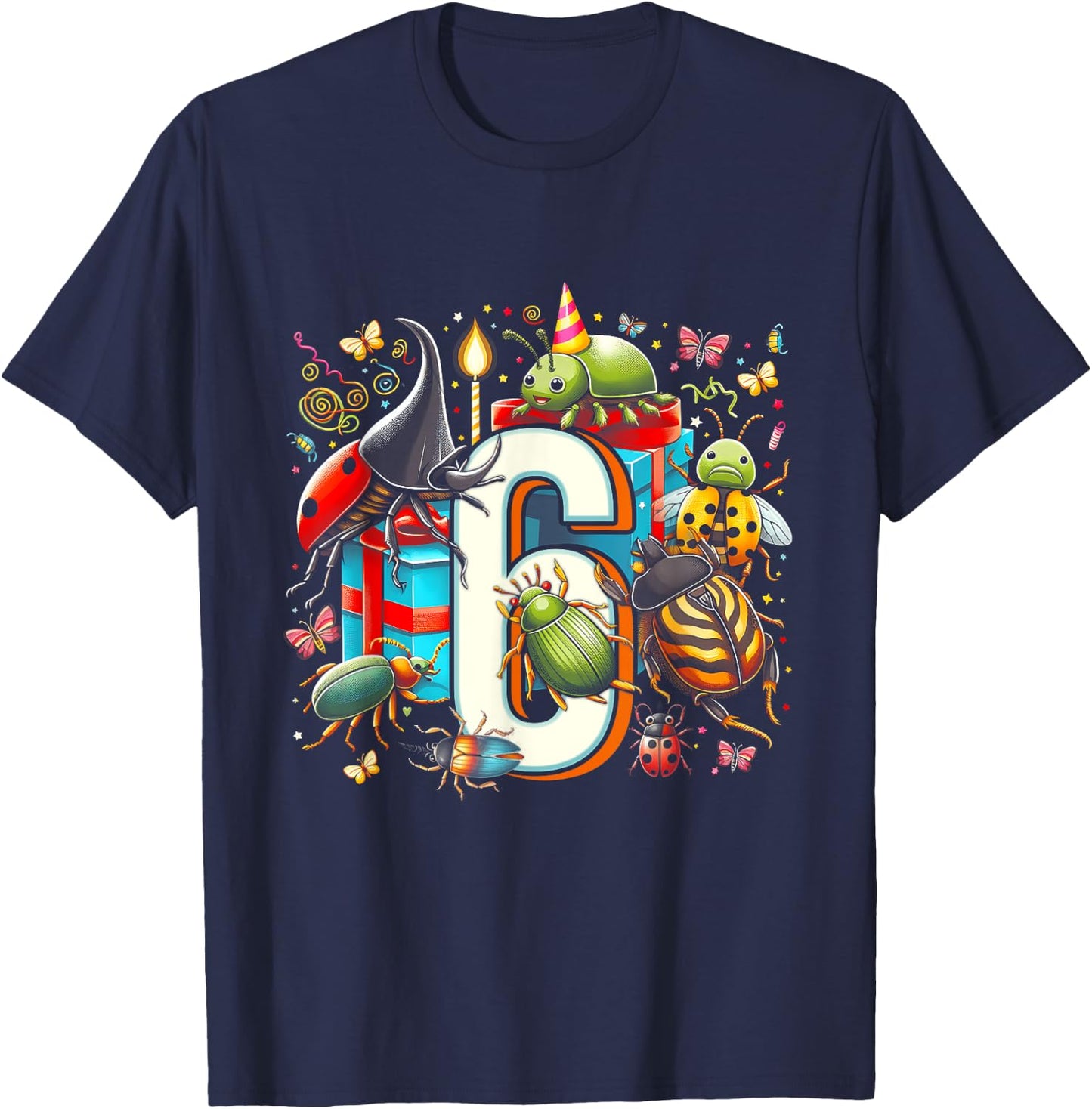 Kids 6th Birthday Bugs Insects Beetles Biology 6 Year Old T-Shirt - T-Shirt | Navy