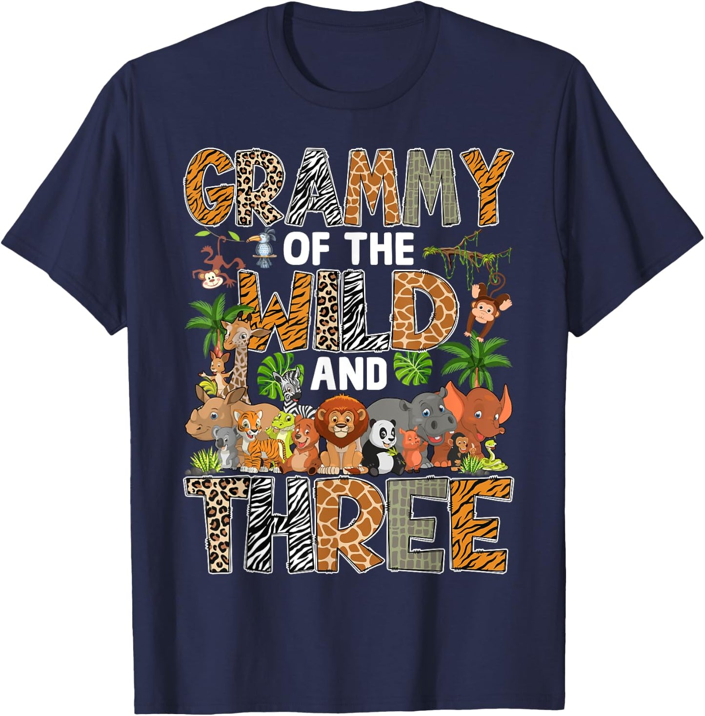 Grammy Of The Wild Three Zoo Birthday Safari Jungle T-Shirt - T-Shirt | Navy