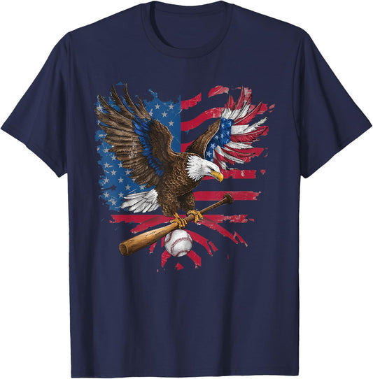 American Flag Baseball Player Bat Fan Catcher Pitcher USA Women Kids Men T-Shirt - T-Shirt | Navy