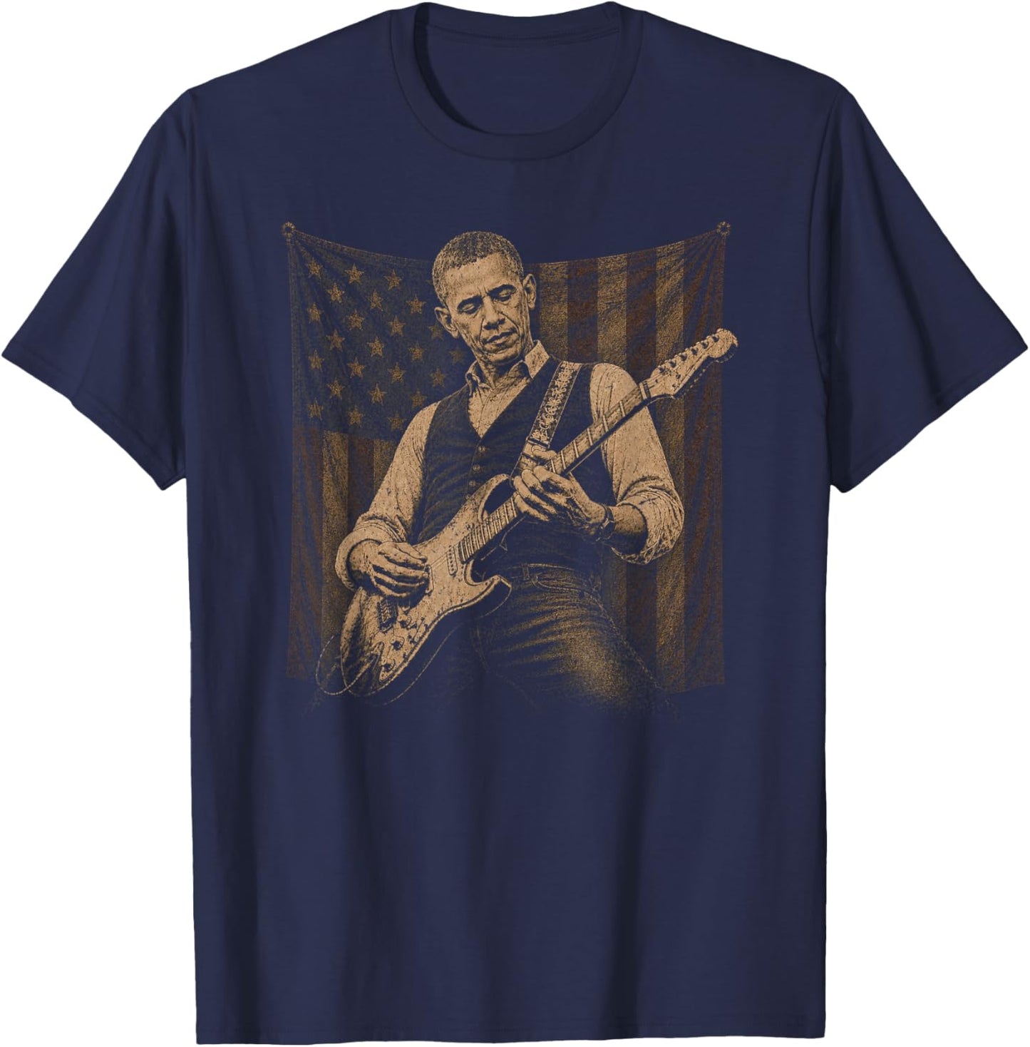 Barack Obama Playing Guitar Patriotic American Rock Music T-Shirt - T-Shirt | Navy