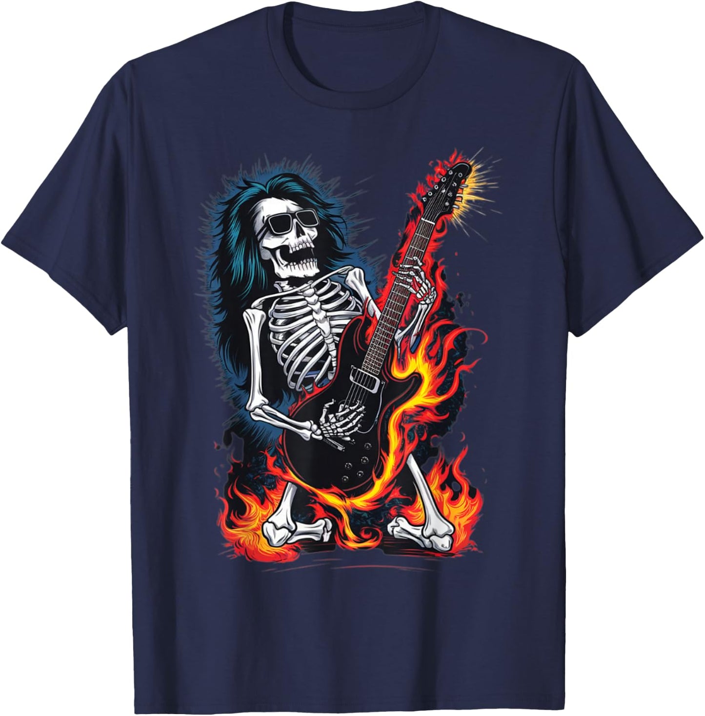 Skeleton Playing Guitar - Rock and Roll Band T-Shirt - T-Shirt | Navy