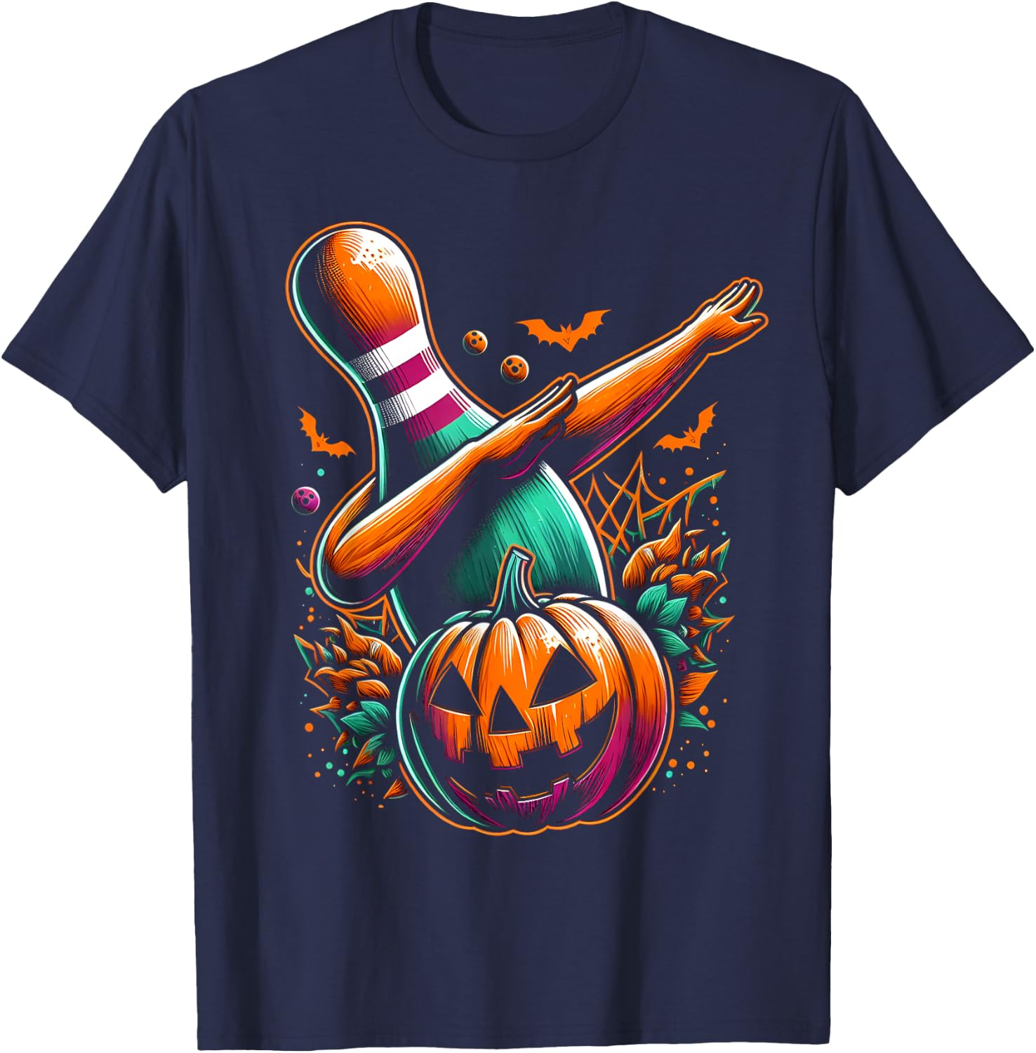Dabbing Bowling Pin Pumpkin Spooky Halloween Bowling Costume T-Shirt - T-Shirt | Navy