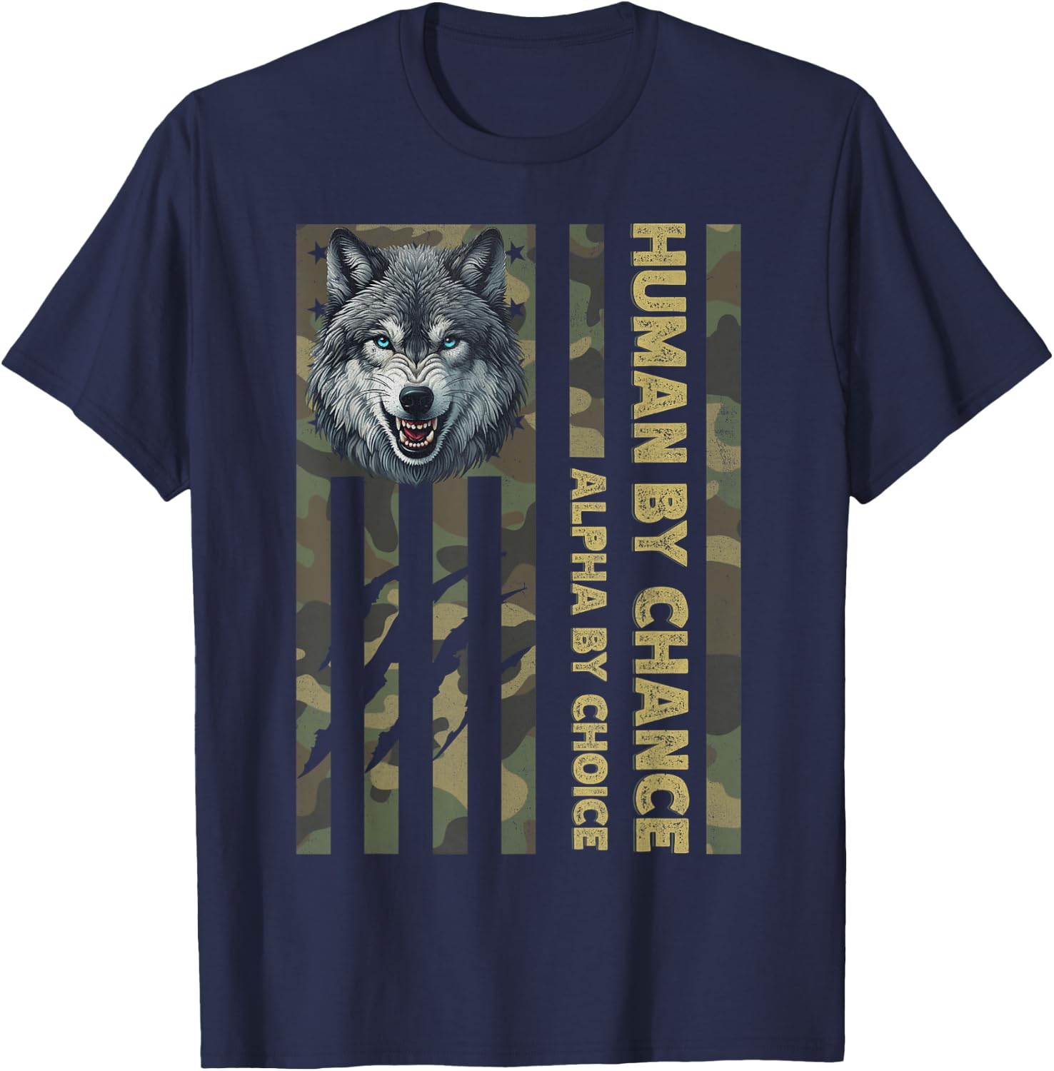 Funny Alpha Wolf Meme Human By Chance Camo American Flag USA T-Shirt - T-Shirt | Navy
