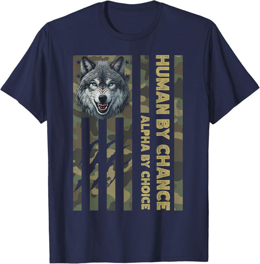 Funny Alpha Wolf Meme Human By Chance Camo American Flag USA T-Shirt - T-Shirt | Navy