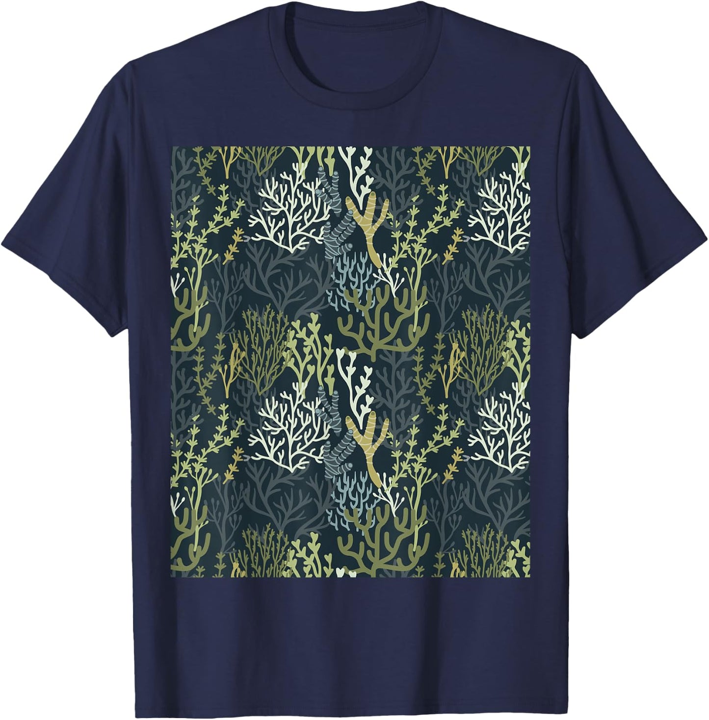 Coastal Grandma Beachy Green Coral Reef Pattern Men Women T-Shirt - T-Shirt | Navy