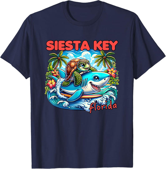 Siesta Key Florida Beach Turtle and Shark T-Shirt - T-Shirt | Navy