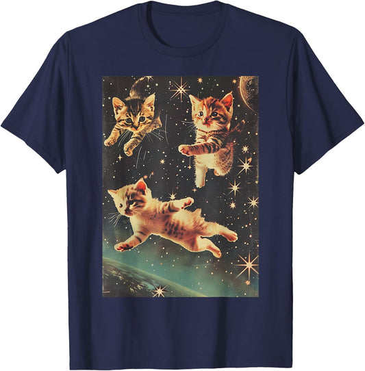 Funny Cat Kittens in Space Cute Retro Art Vintage T-Shirt - T-Shirt | Navy