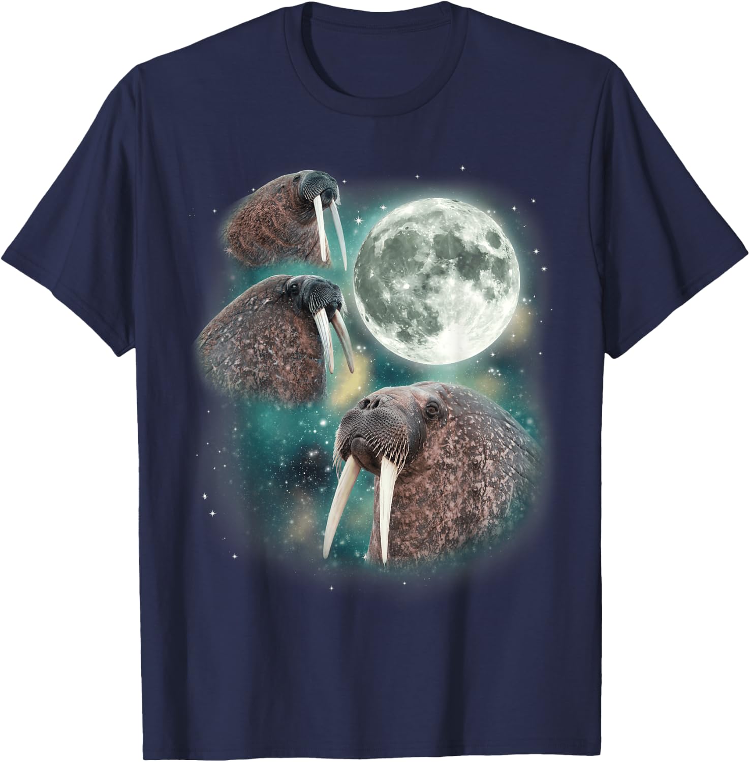 Three Walrus Moon | 3 Howling Walruses Pinniped Moon Parody T-Shirt - T-Shirt | Navy