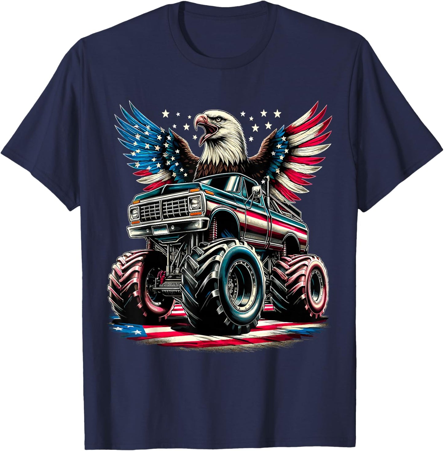 4th of July Boys Monster Truck Bald Eagle American Flag USA T-Shirt - T-Shirt | Navy