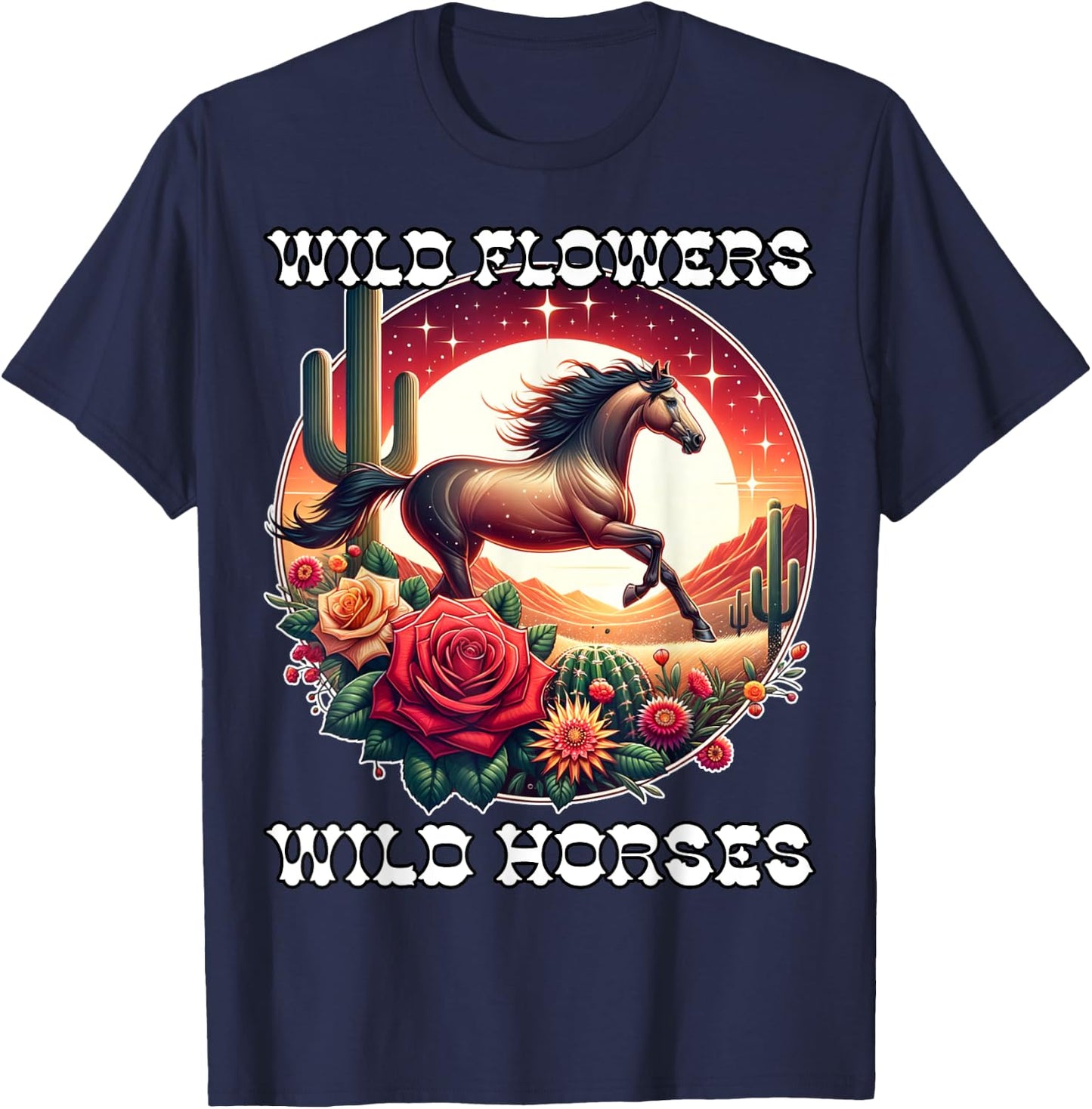 Wild Flowers and Wild Horses Vintage Sunset Country Cowgirl T-Shirt - T-Shirt | Navy