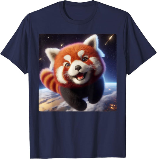 Cute and Happy Red Panda Flying in Space T-Shirt - T-Shirt | Navy