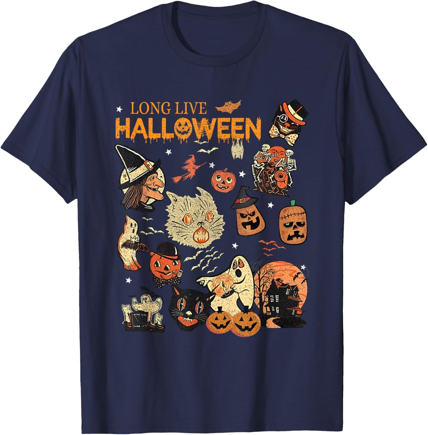 Long Live Halloween Vintage Pumpkin Witch Ghost Black Cat Men Women Kids T-Shirt - T-Shirt | Navy