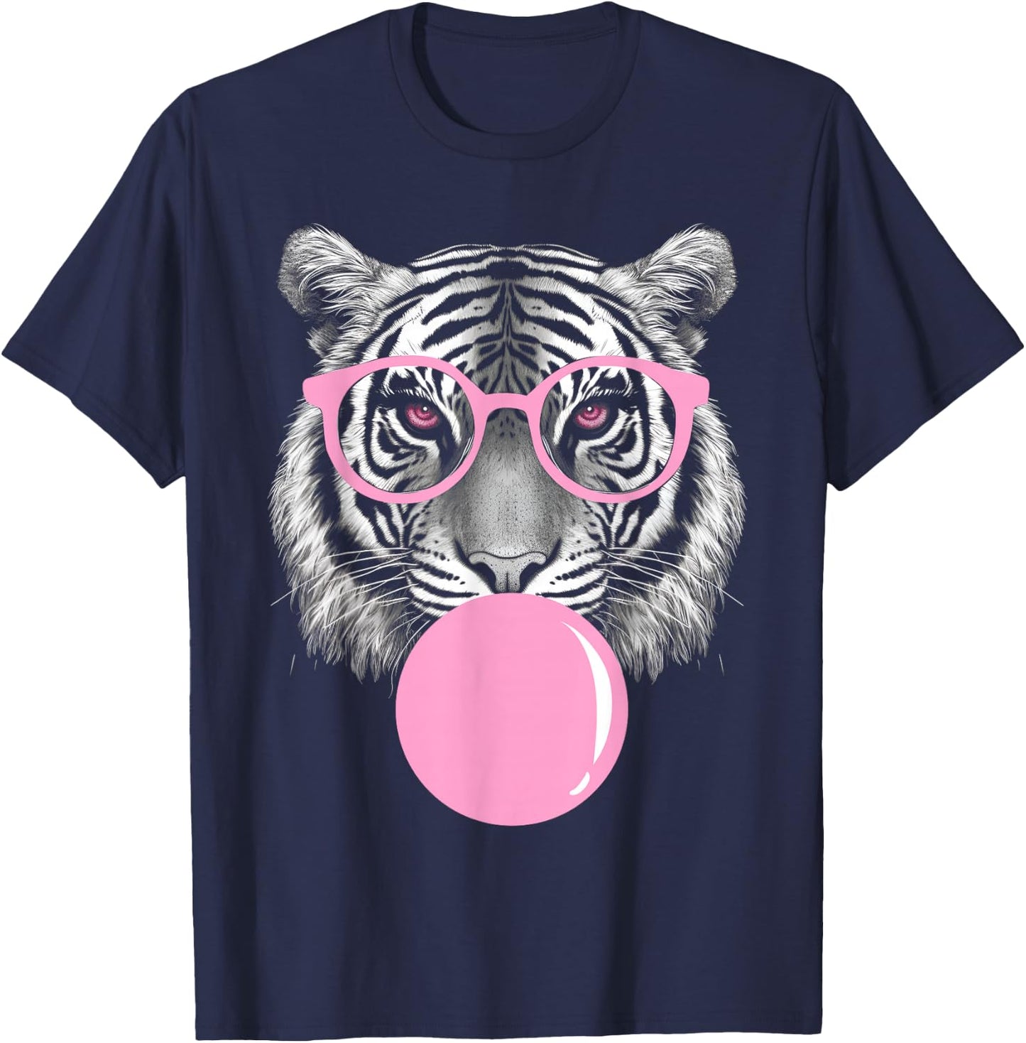 Funny Tiger Wearing Glasses and Blowing Pink Bubble Gum T-Shirt - T-Shirt | Navy