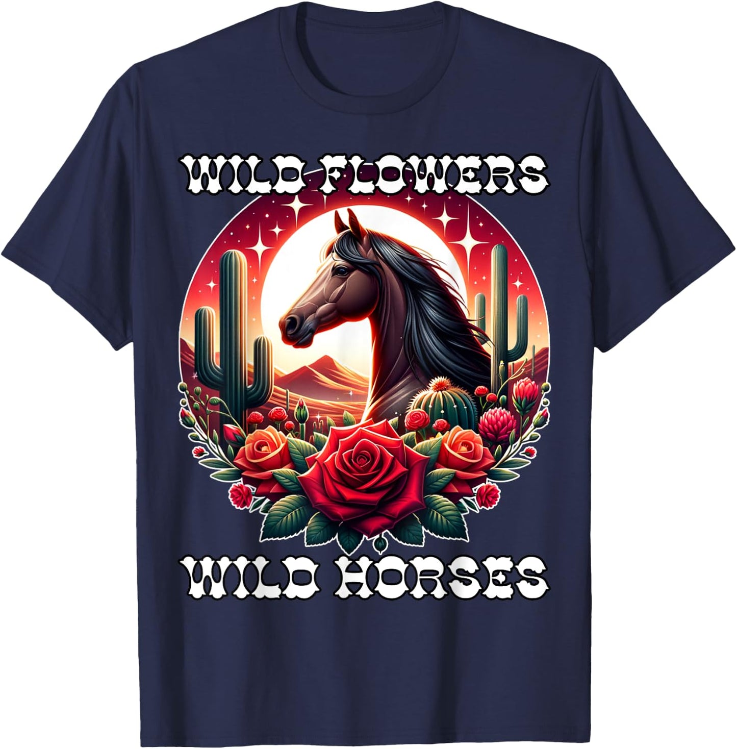 Wild Flowers and Wild Horses Vintage Sunset Country Cowgirl T-Shirt - T-Shirt | Navy
