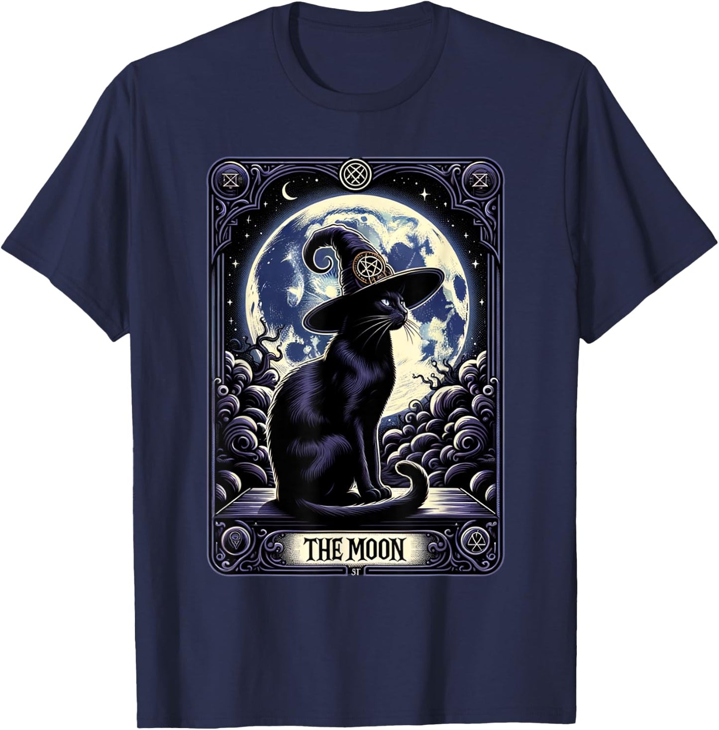 Vintage Tarot Card Style Crescent Moon & Witch Hat Black Cat Men Women T-Shirt - T-Shirt | Navy