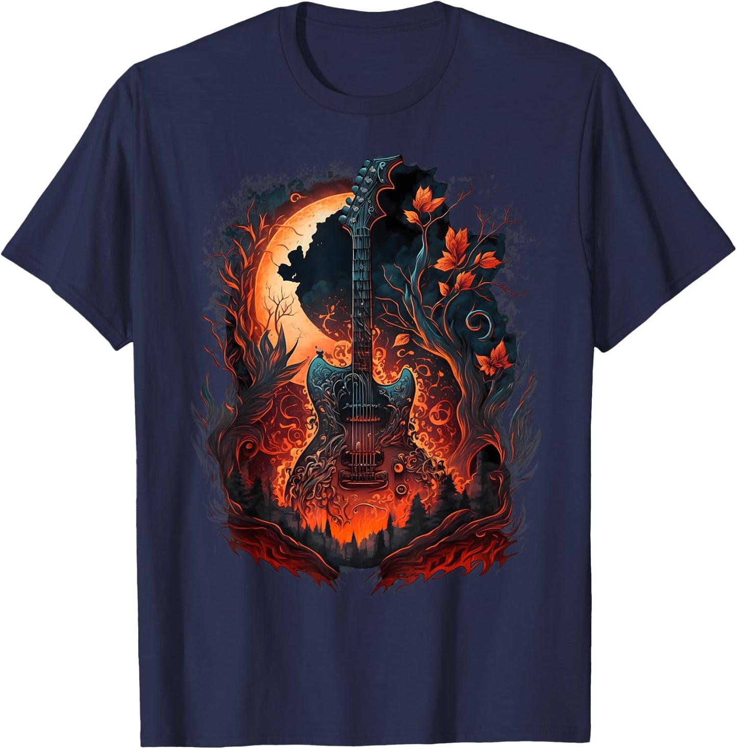 Flaming Electric Guitar in Burning Nature with Flames T-Shirt - T-Shirt | Navy