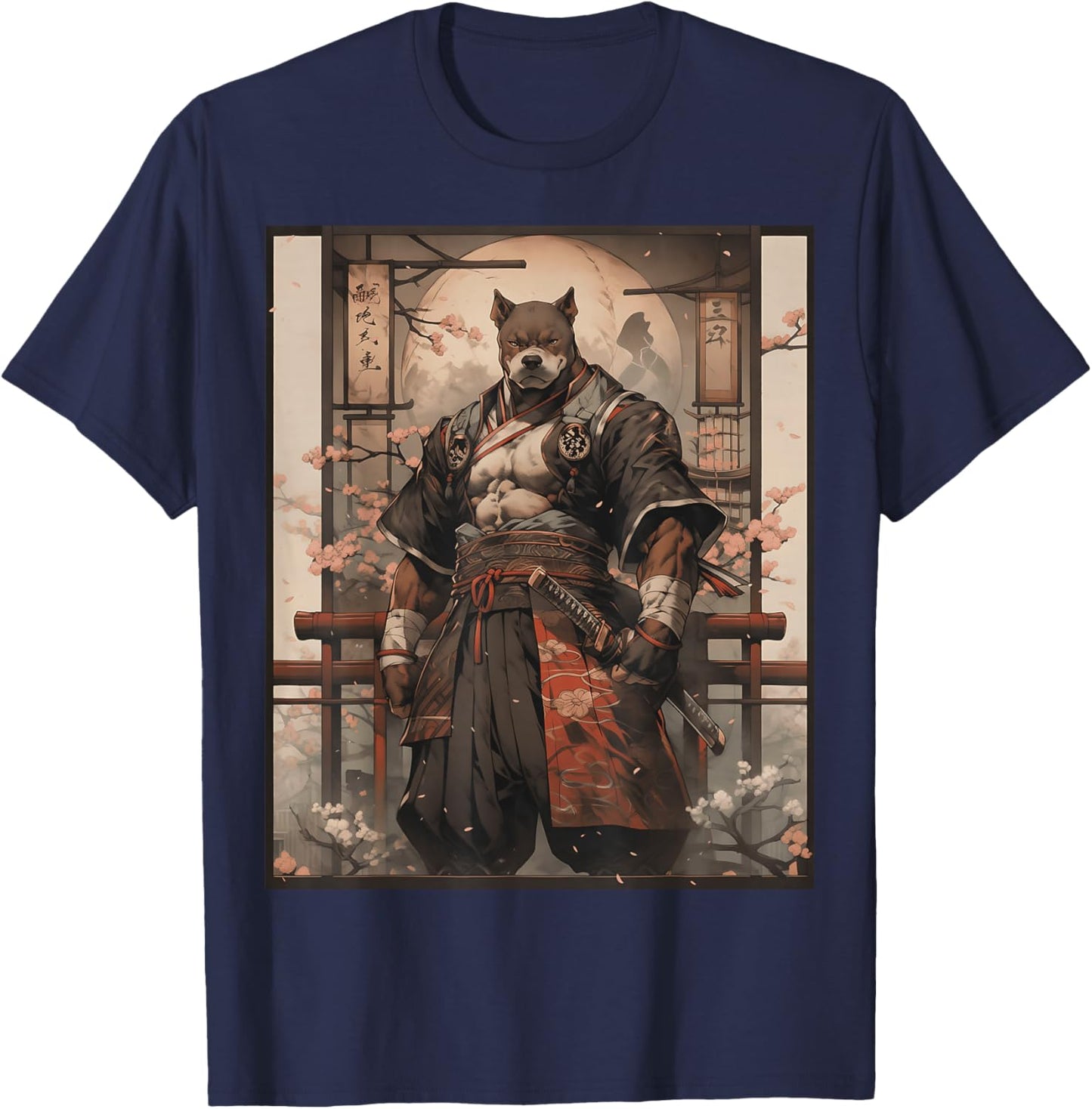 Pitbull Dog Samurai Full Gear Warriors Japanese Gothic Style T-Shirt - T-Shirt | Navy