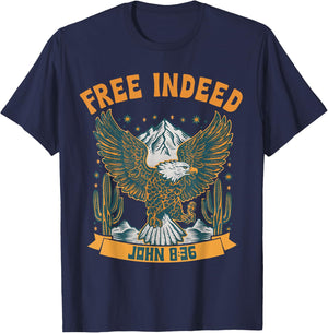 Vintage Free Indeed John 8:36 Christian Eagle Bible Prayer T-Shirt - T-Shirt | Navy