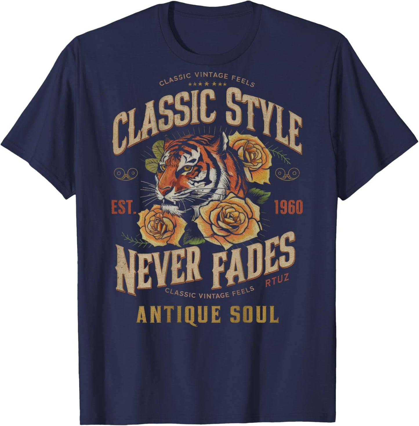 Hip Hop Vintage Retro Urban Y2K Back Print Streetwear Tiger T-Shirt - T-Shirt | Navy