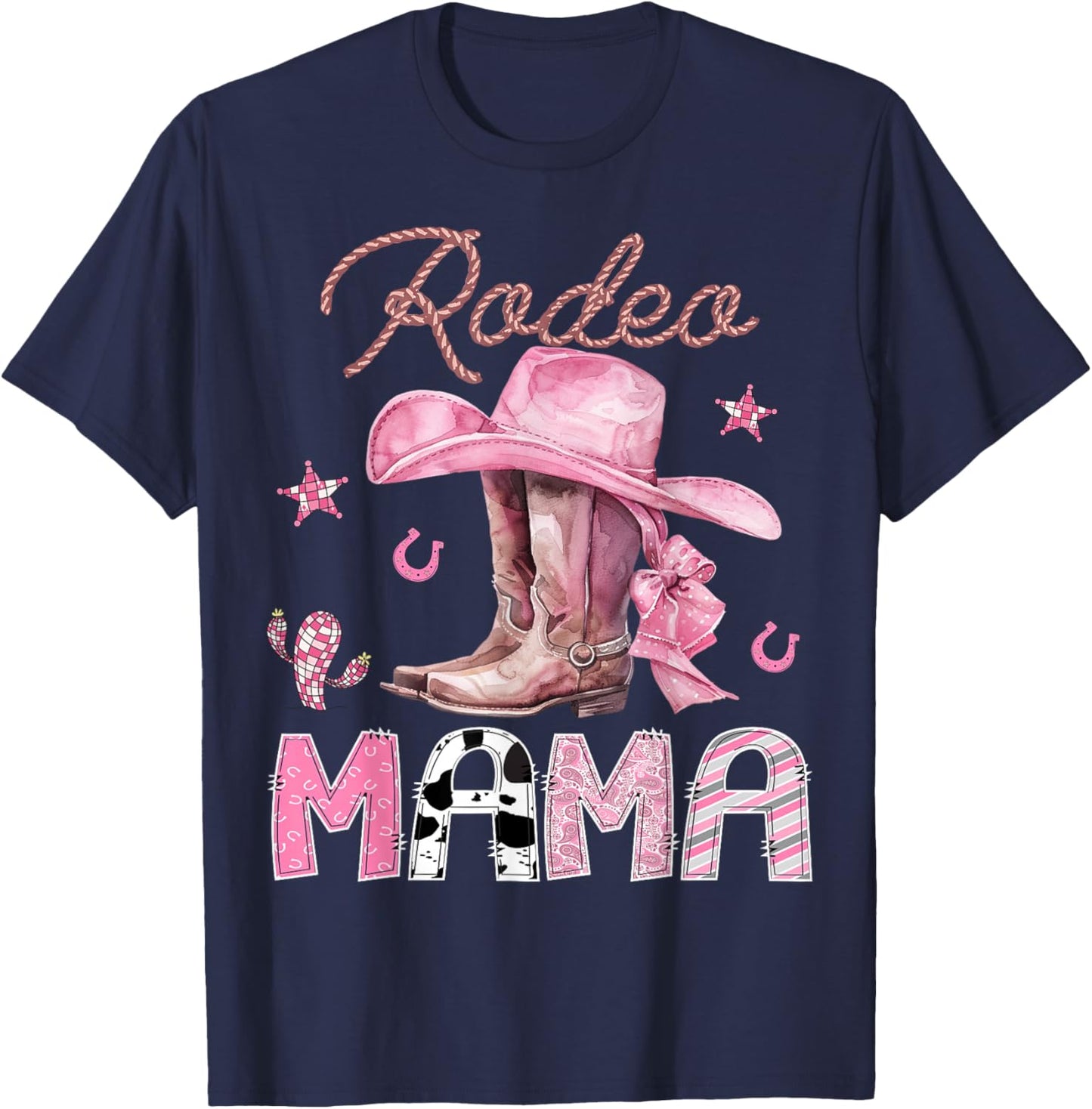 Rodeo Mama Pink Boots Coquette CowGirl Birthday Party T-Shirt - T-Shirt | Navy