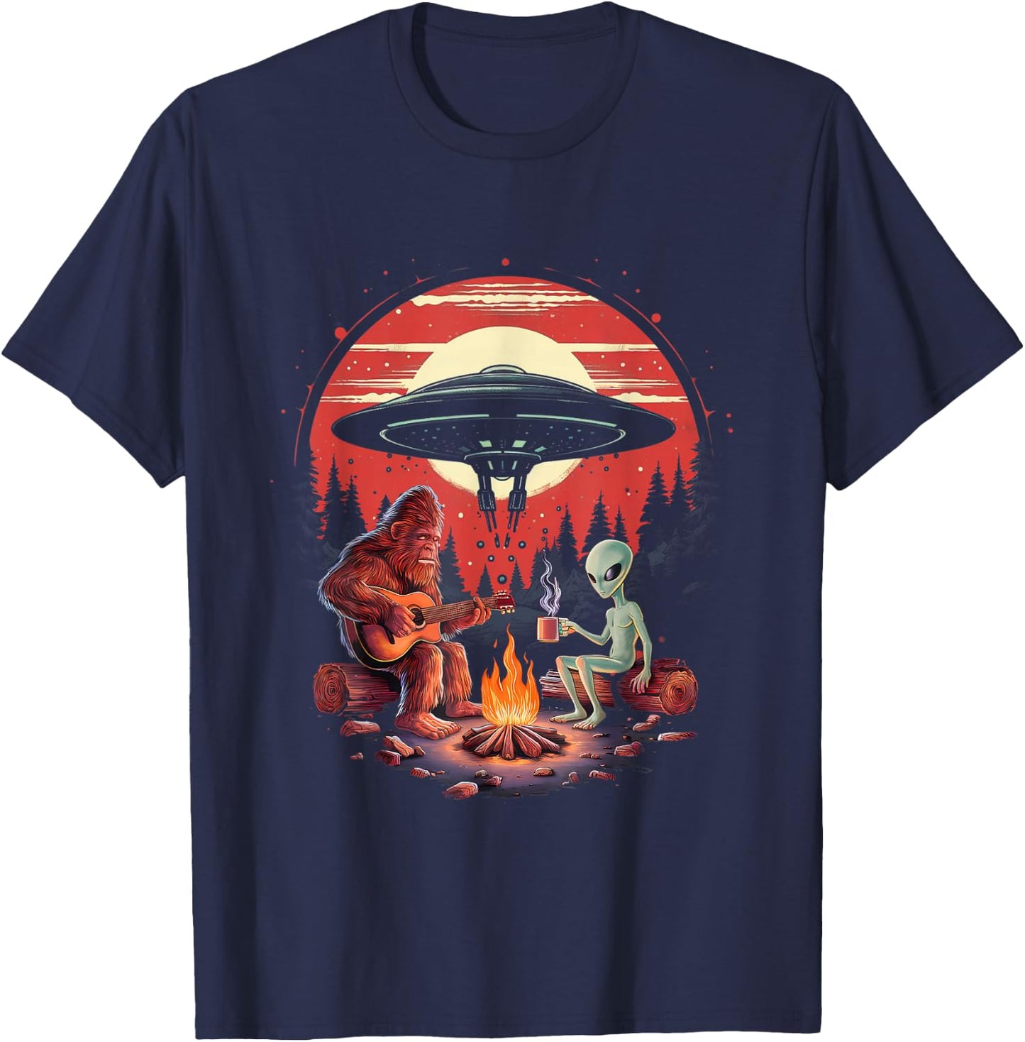 Alien And Bigfoot Campfire Sasquatch UFO For Outdoor Lovers T-Shirt - T-Shirt | Navy