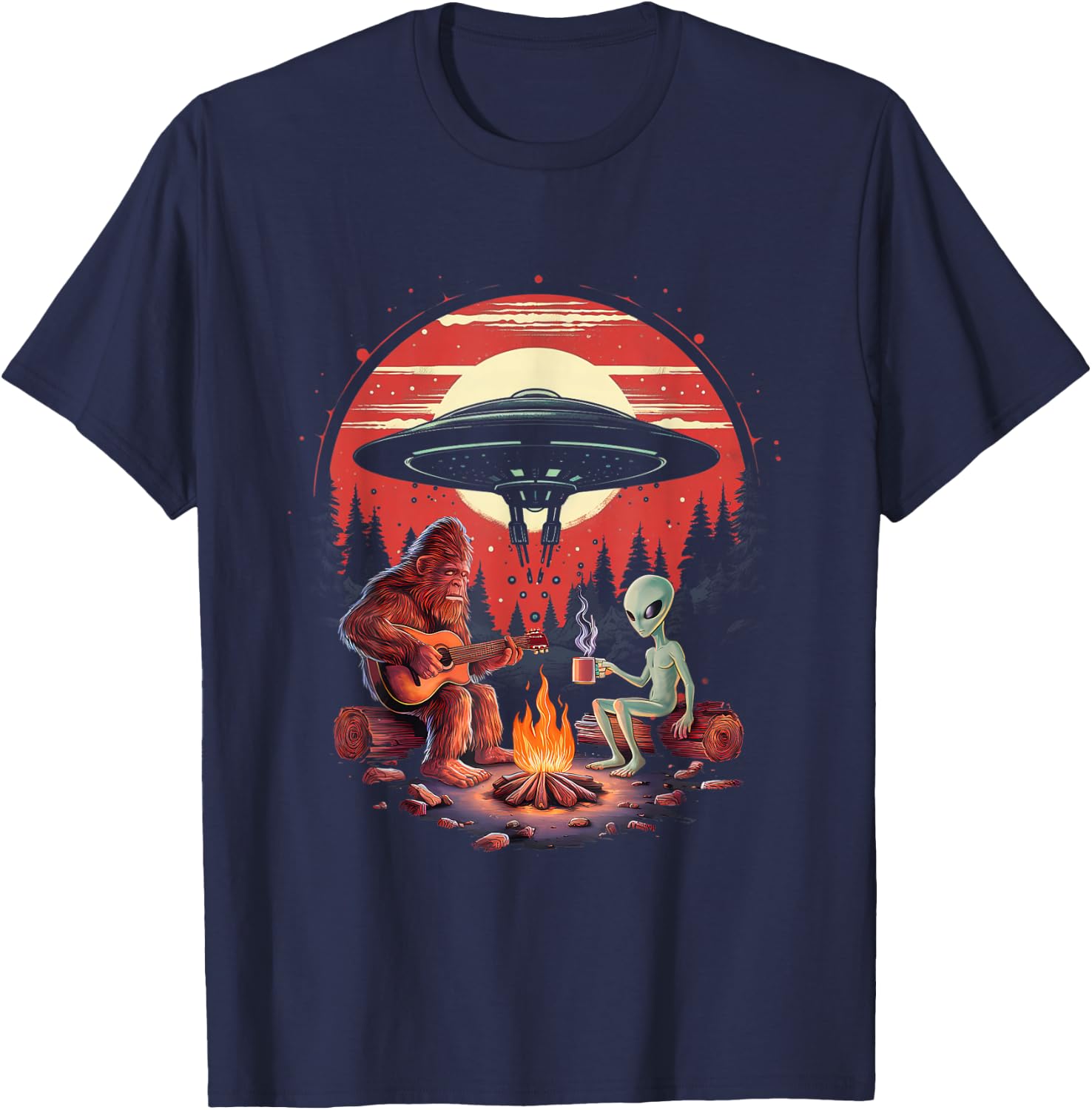 Alien And Bigfoot Campfire Sasquatch UFO For Outdoor Lovers T-Shirt - T-Shirt | Navy