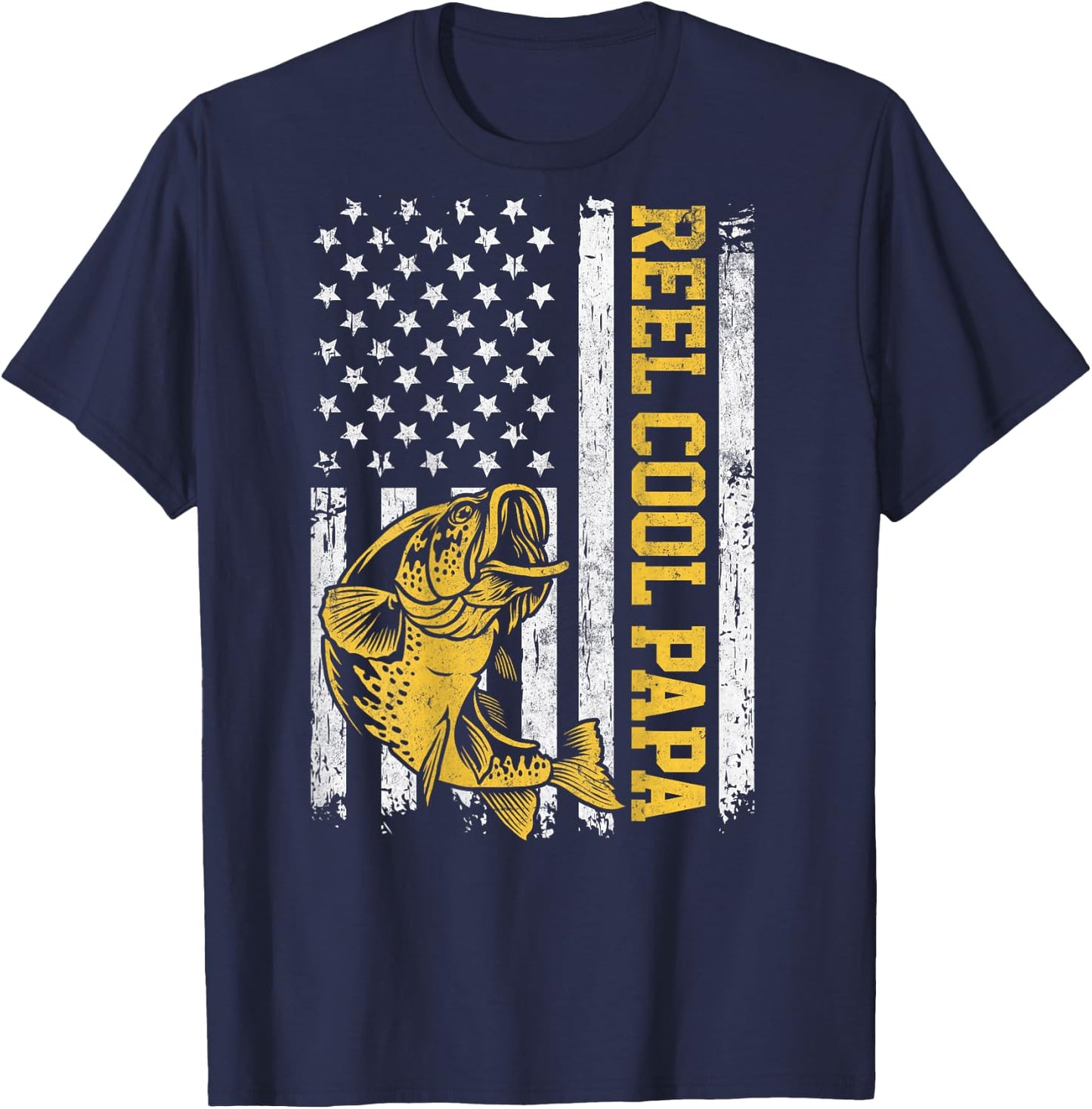 USA Flag Reel Cool Papa Patriotic Fishing Design On Back Women Men T-Shirt - T-Shirt | Navy
