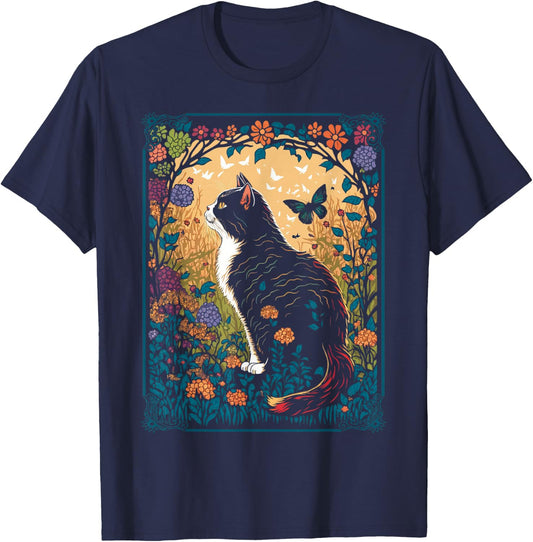 Cottagecore Aesthetic Cat Garden Flowers Women T-Shirt - T-Shirt | Navy