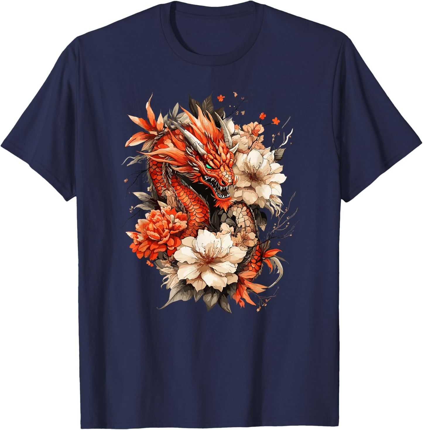 Crimson Serpent and Peony Bloom Asian Myth Motif T-Shirt - T-Shirt | Navy