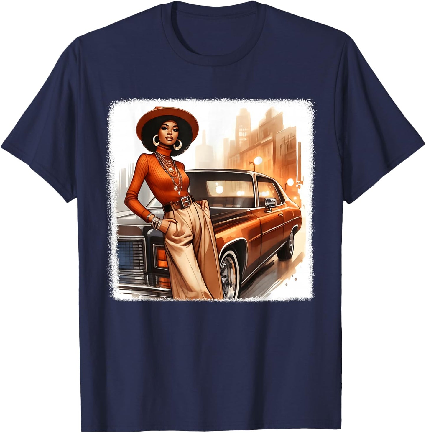 African American 1970s 80s Vintage Vibes Black Girl Old Car T-Shirt - T-Shirt | Navy