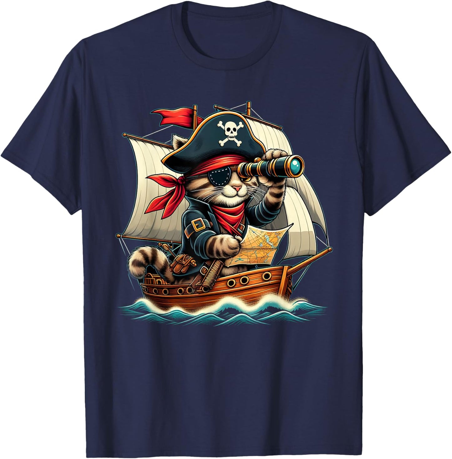 Funny Pirate Cat Adventure Halloween Cat Lover Men Women T-Shirt - T-Shirt | Navy